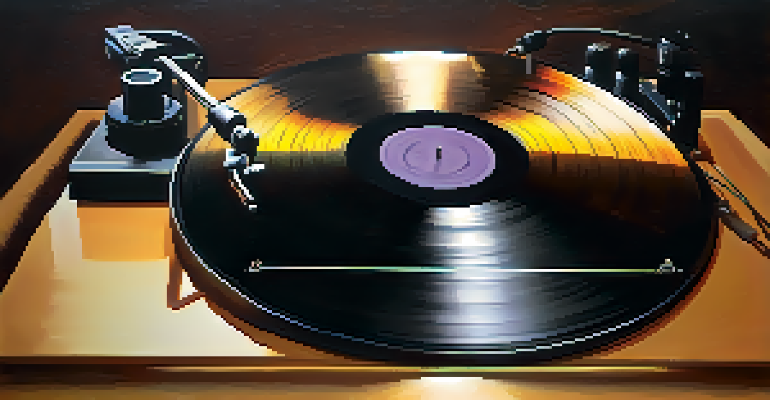 A close-up of a vinyl record on a turntable with warm lighting and blurred musical notes in the background.