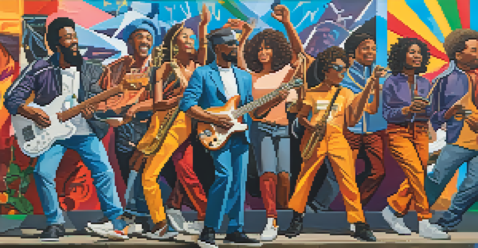 An artistic mural celebrating music's role in activism, featuring iconic musicians, musical notes, and social movement imagery in bright colors.