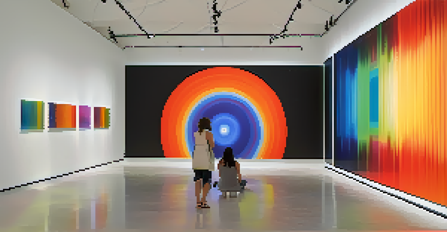 A modern art gallery showcasing an interactive installation that visualizes sound in real-time with colorful patterns.