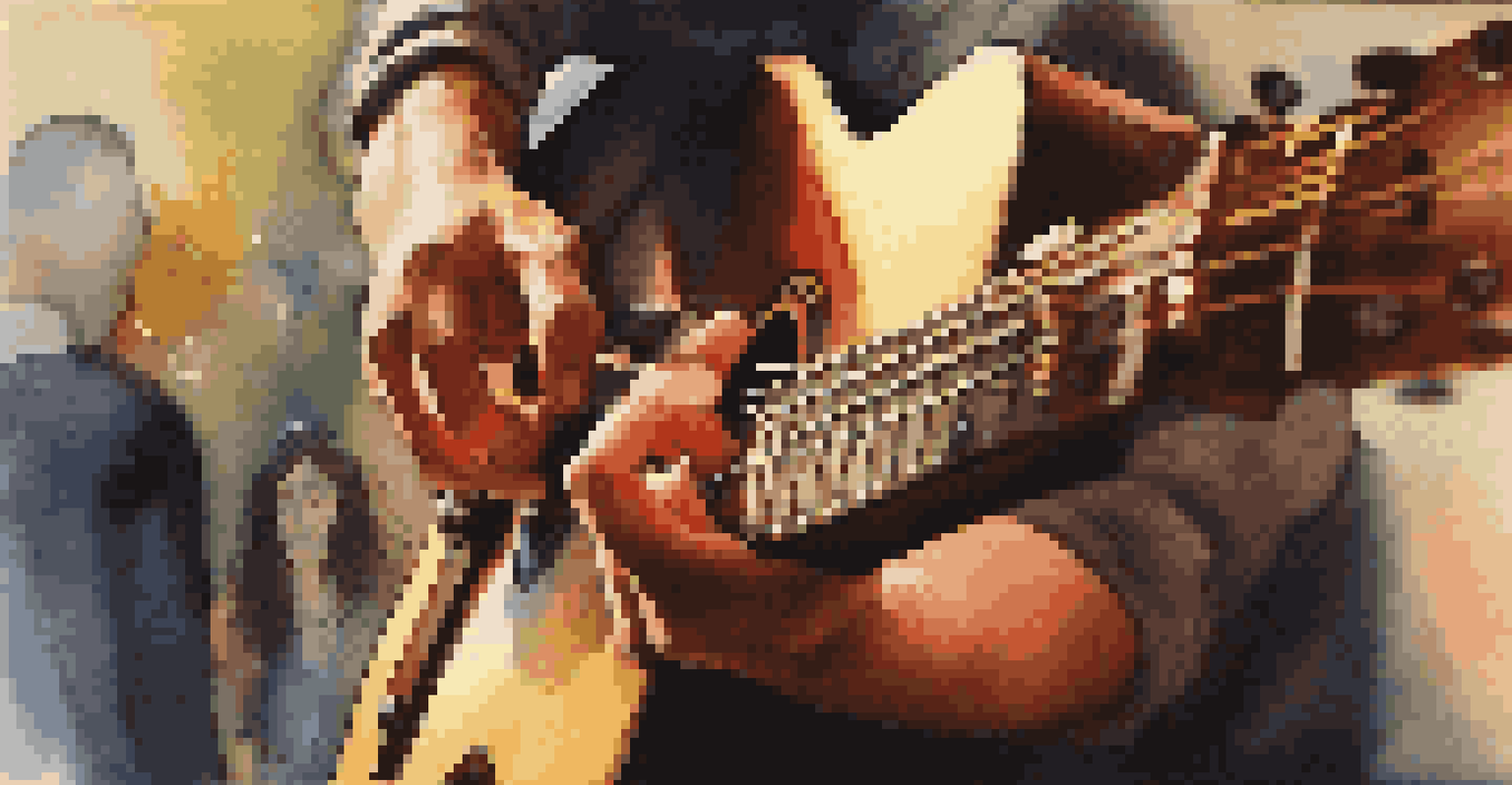 Close-up of a hand playing a guitar at a music networking event, with people conversing in the background.