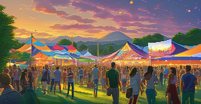 A lively music festival at sunset with a diverse crowd, colorful decorations, and eco-friendly elements.