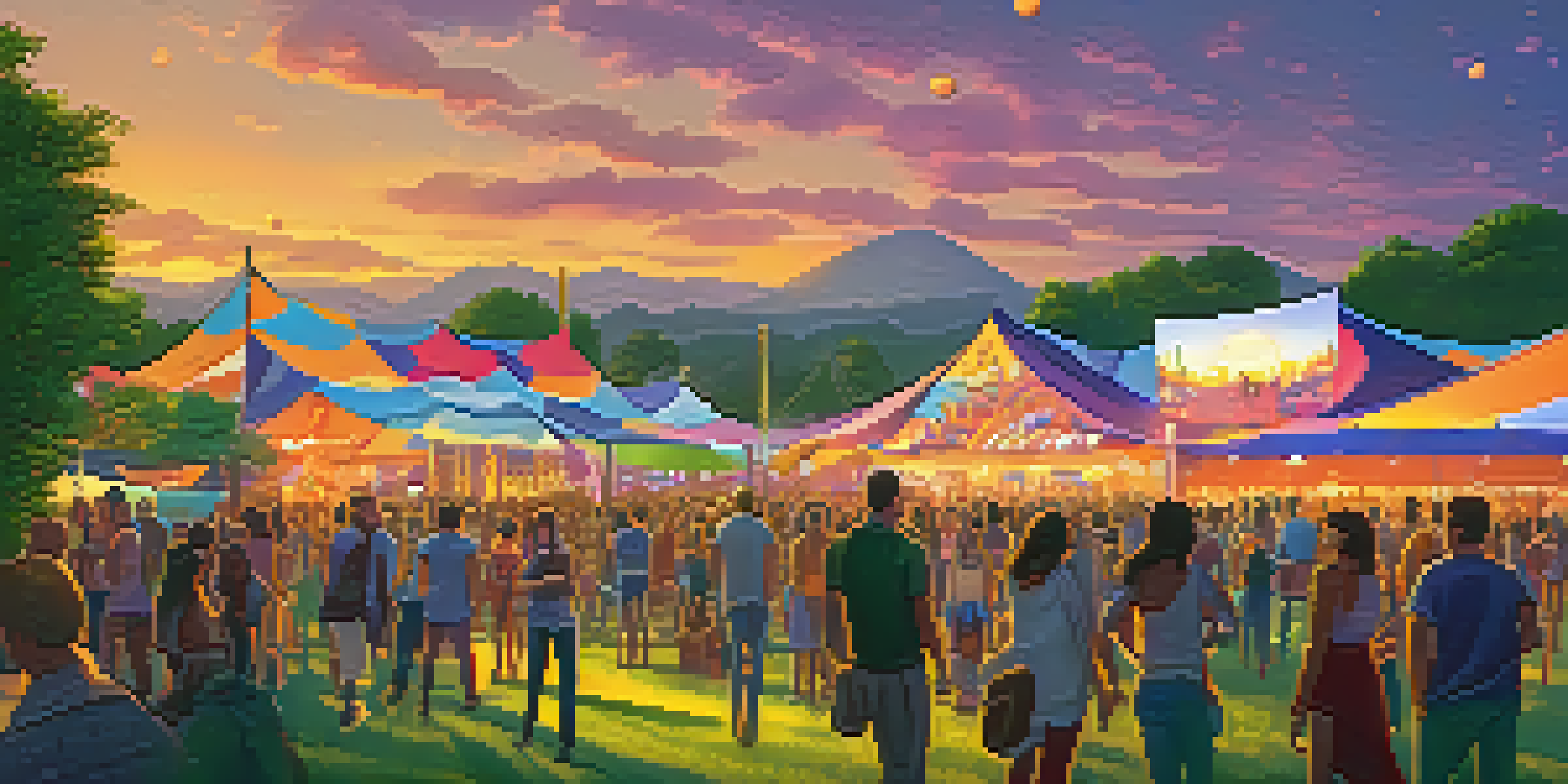 A lively music festival at sunset with a diverse crowd, colorful decorations, and eco-friendly elements.