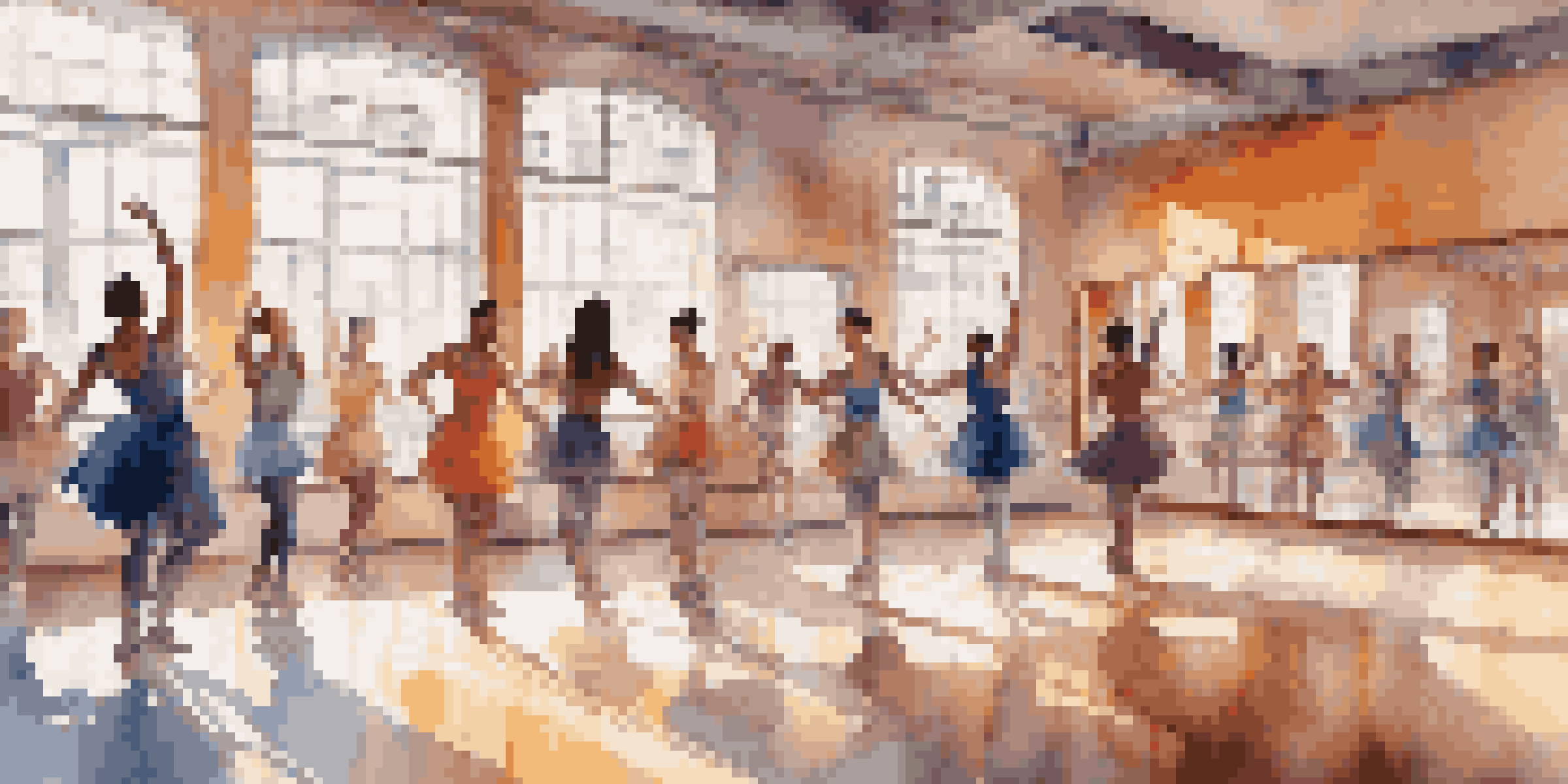 A lively dance studio with diverse dancers practicing in front of mirrors, sunlight streaming through windows, and colorful outfits.