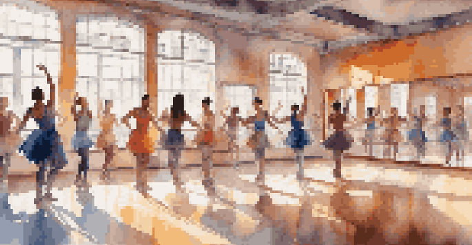 A lively dance studio with diverse dancers practicing in front of mirrors, sunlight streaming through windows, and colorful outfits.