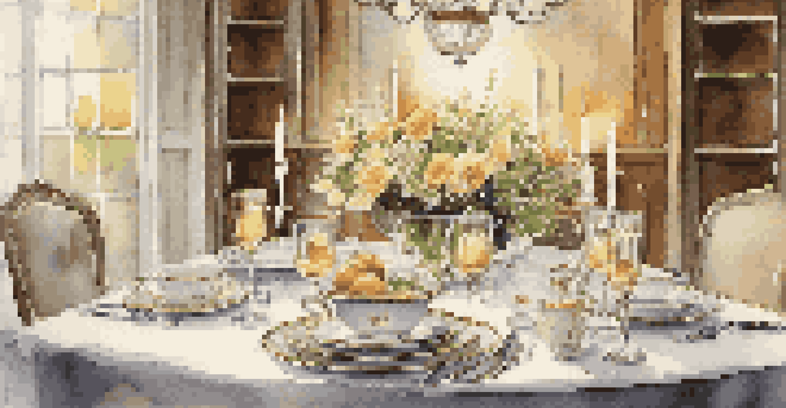 A beautifully arranged dining table with fine china, glassware, and flowers, illuminated by soft candlelight.