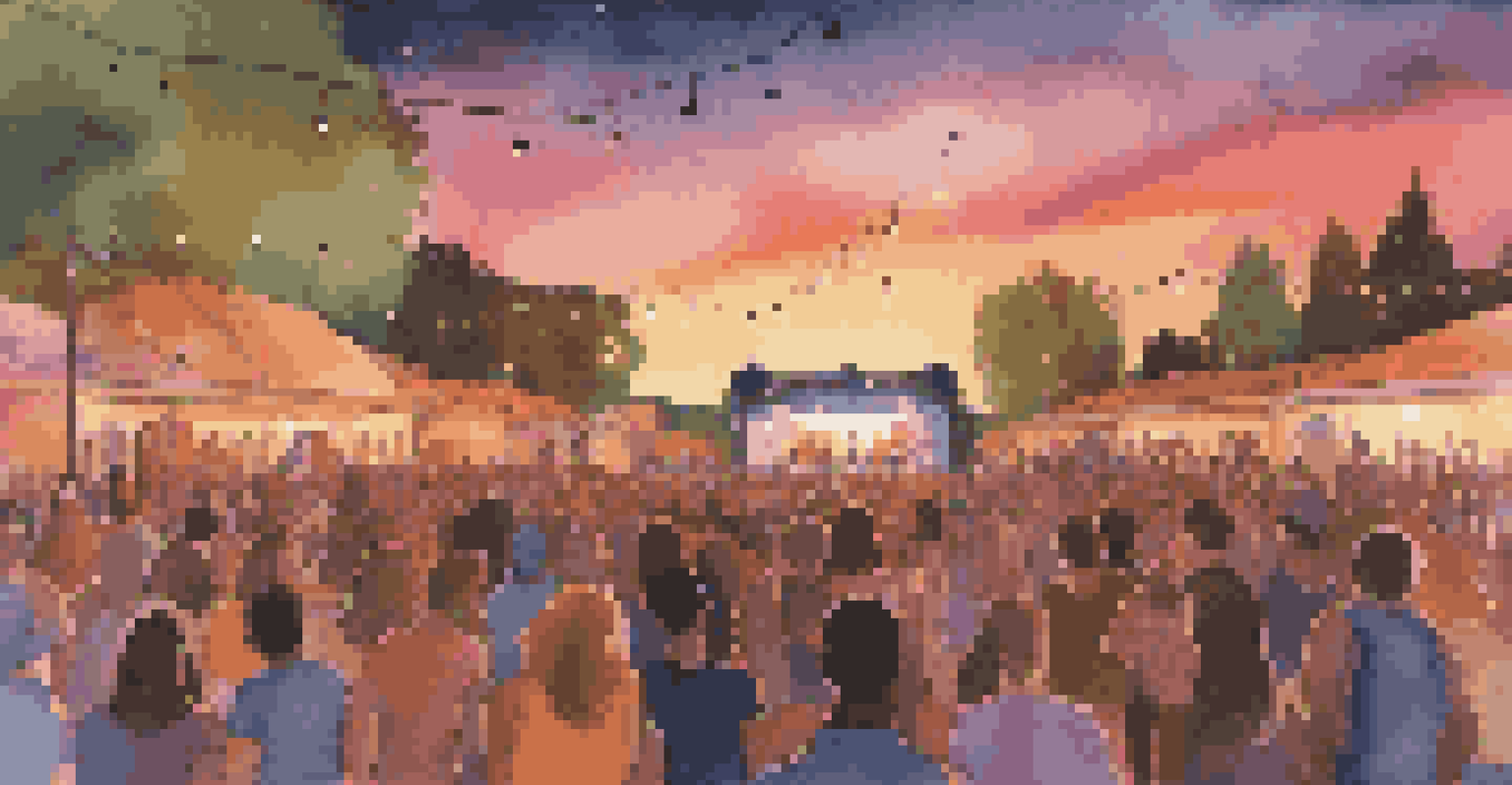 An outdoor concert at sunset with a crowd enjoying live music and vibrant lights.