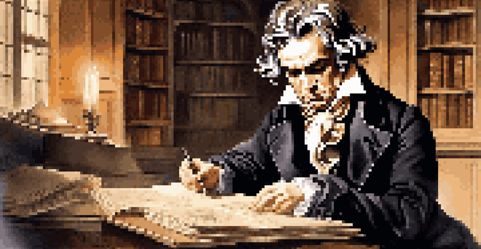 A historical scene of Beethoven composing music in a candlelit room, filled with books and manuscripts.