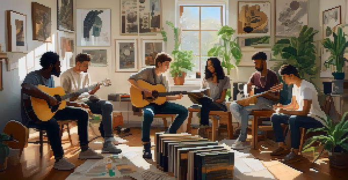 A diverse group of people in a circle, collaborating on songwriting with musical instruments and lyric sheets in a warmly lit room.
