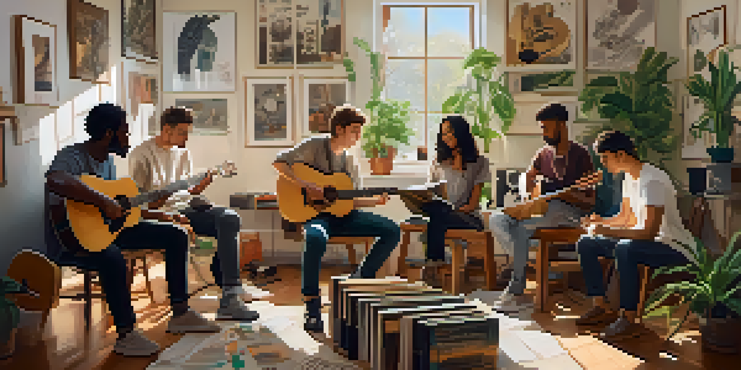 A diverse group of people in a circle, collaborating on songwriting with musical instruments and lyric sheets in a warmly lit room.