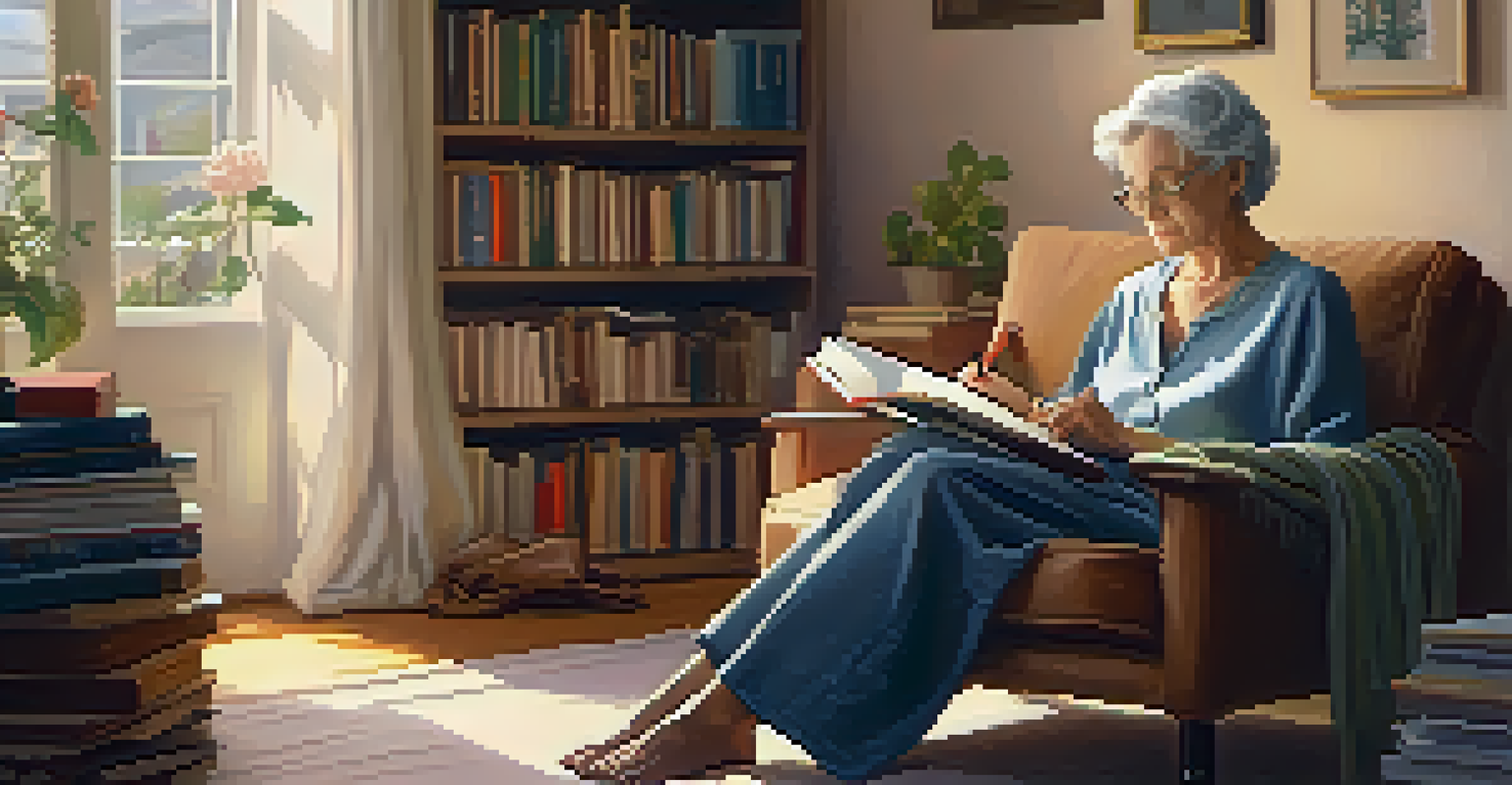 An elderly woman sitting in an armchair with a guitar, writing lyrics in a notebook, surrounded by books and a cup of tea.