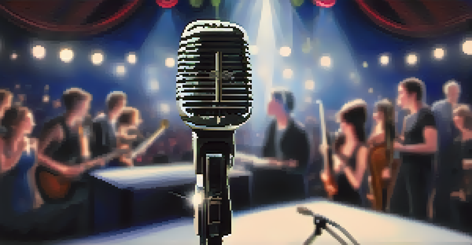 A close-up of a directional microphone on a stage with blurred musicians in the background.