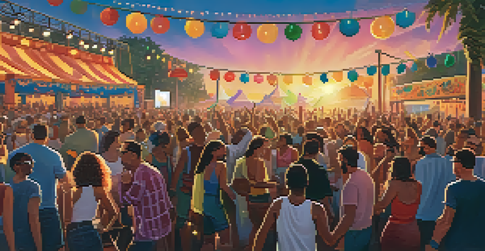 A lively outdoor music festival with a diverse crowd singing and dancing as a band performs on stage, illuminated by colorful lights during sunset.