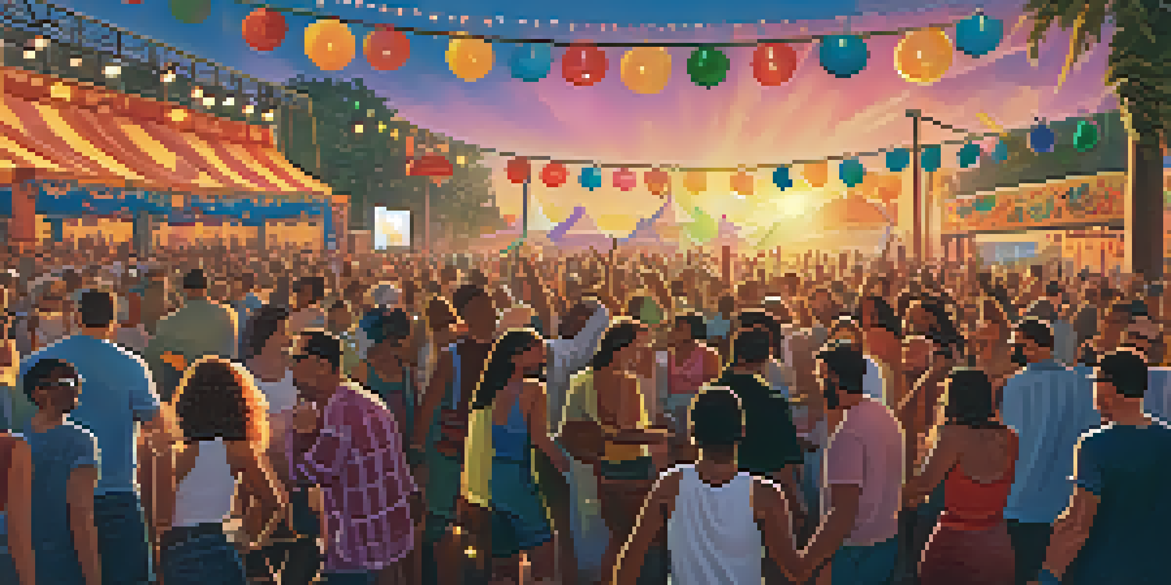 A lively outdoor music festival with a diverse crowd singing and dancing as a band performs on stage, illuminated by colorful lights during sunset.