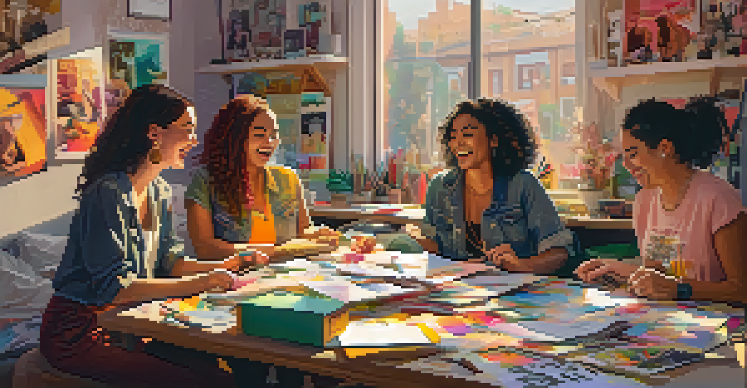 A group of women creating punk zines together in a cozy workspace, surrounded by art supplies and colorful materials.