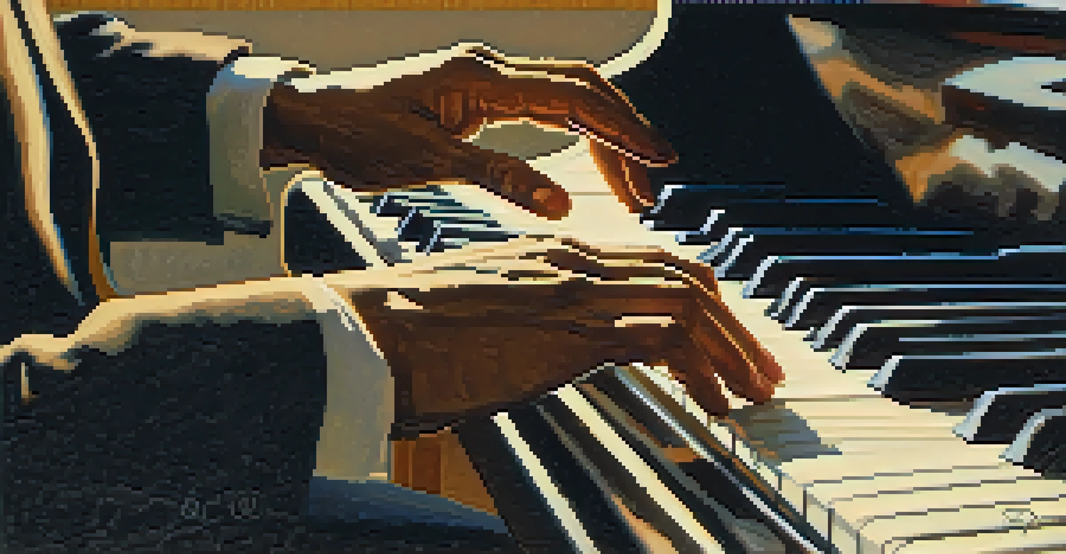 Close-up of a jazz musician's hands playing a piano, with sheet music visible.