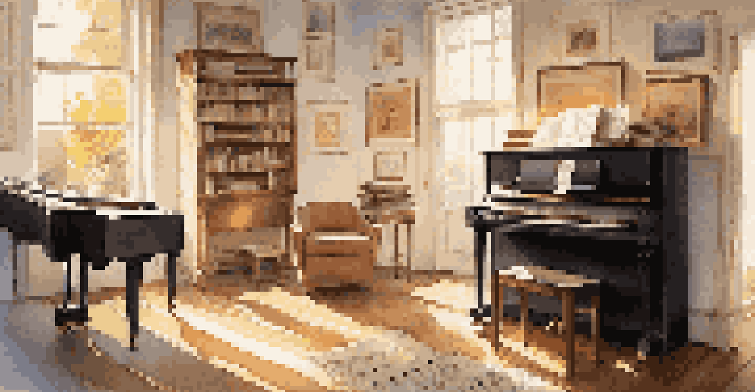 A music room with an upright piano and scattered sheet music, sunlight illuminating the space, and a person writing notes.