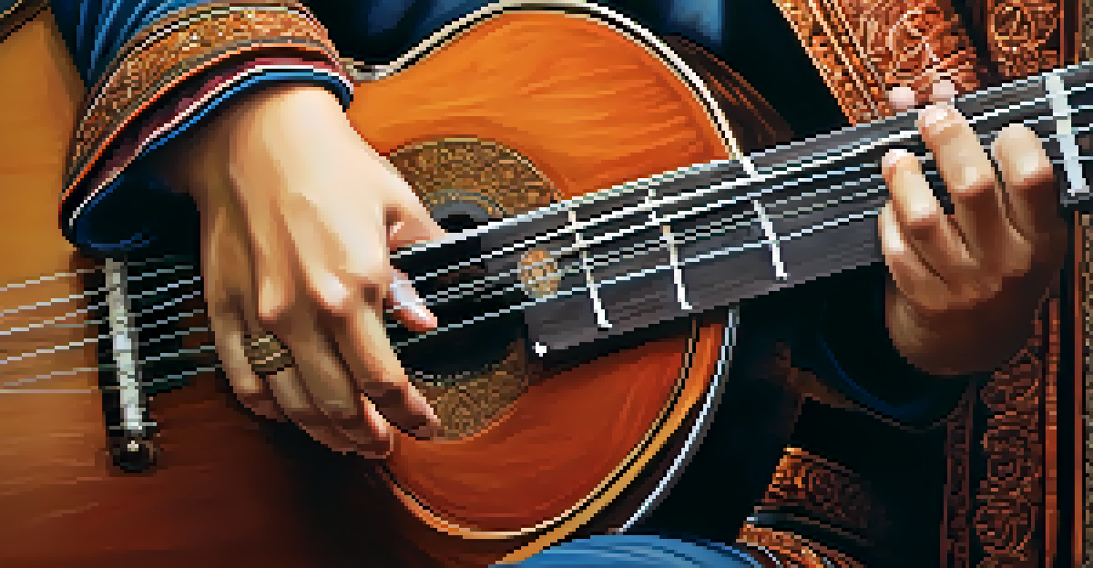 A close-up of a hand playing a sitar, highlighting the craftsmanship of the instrument against a warm blurred background.