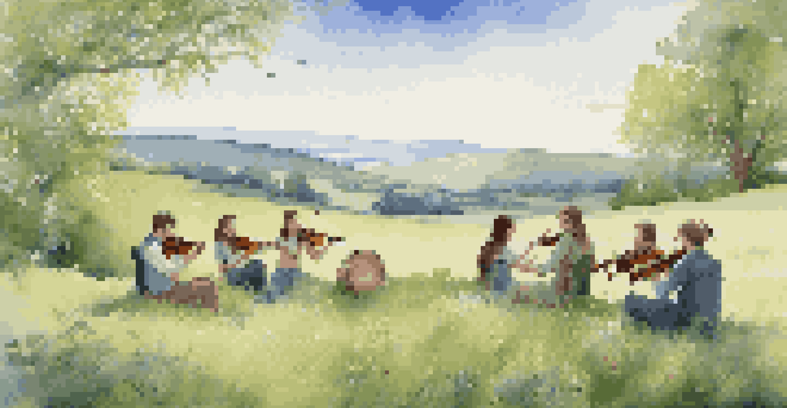 A peaceful Celtic music performance in a beautiful green meadow surrounded by nature.