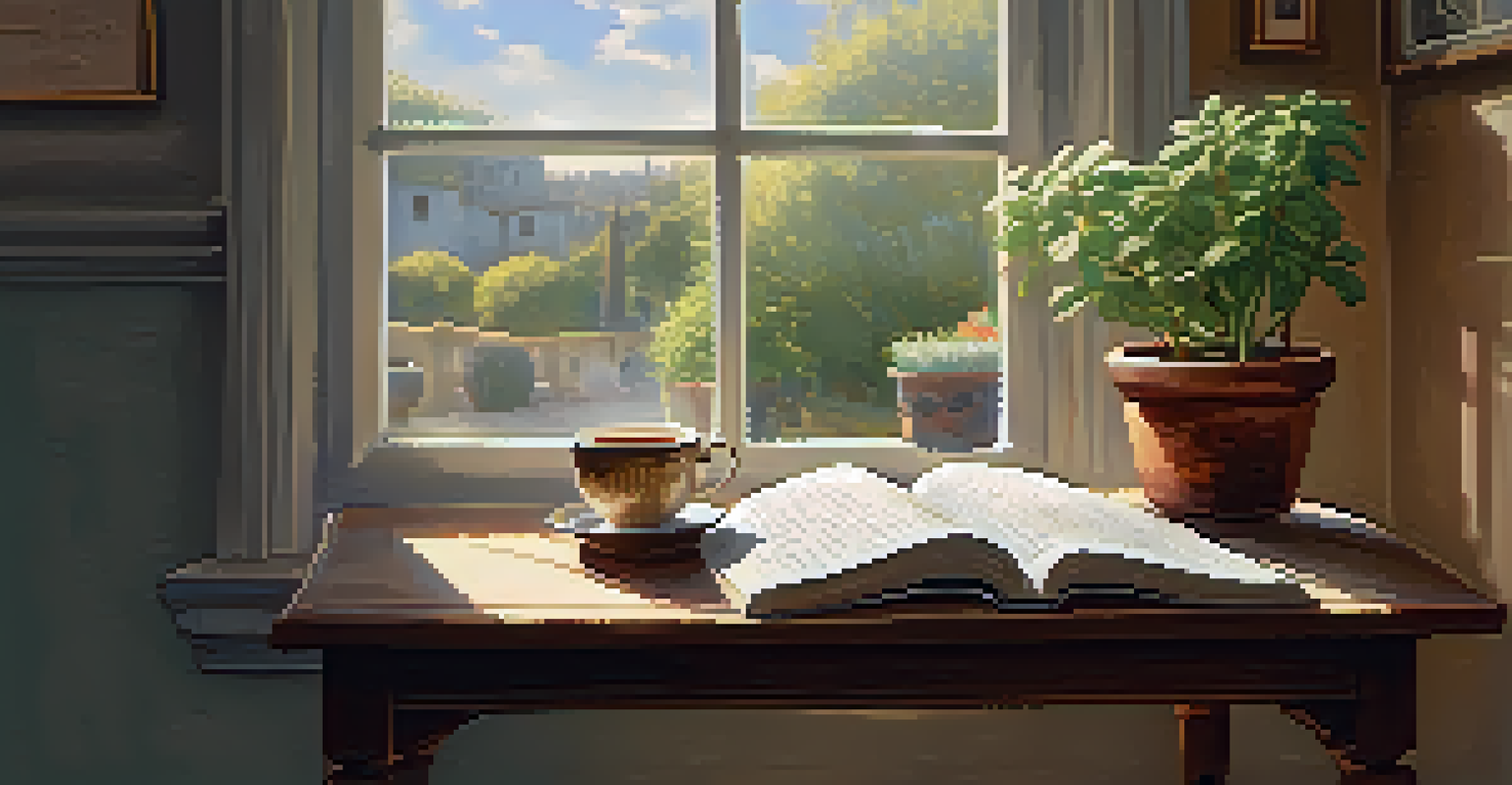 A cozy reading nook with a steaming cup of tea, an open book, and sunlight streaming through a window.
