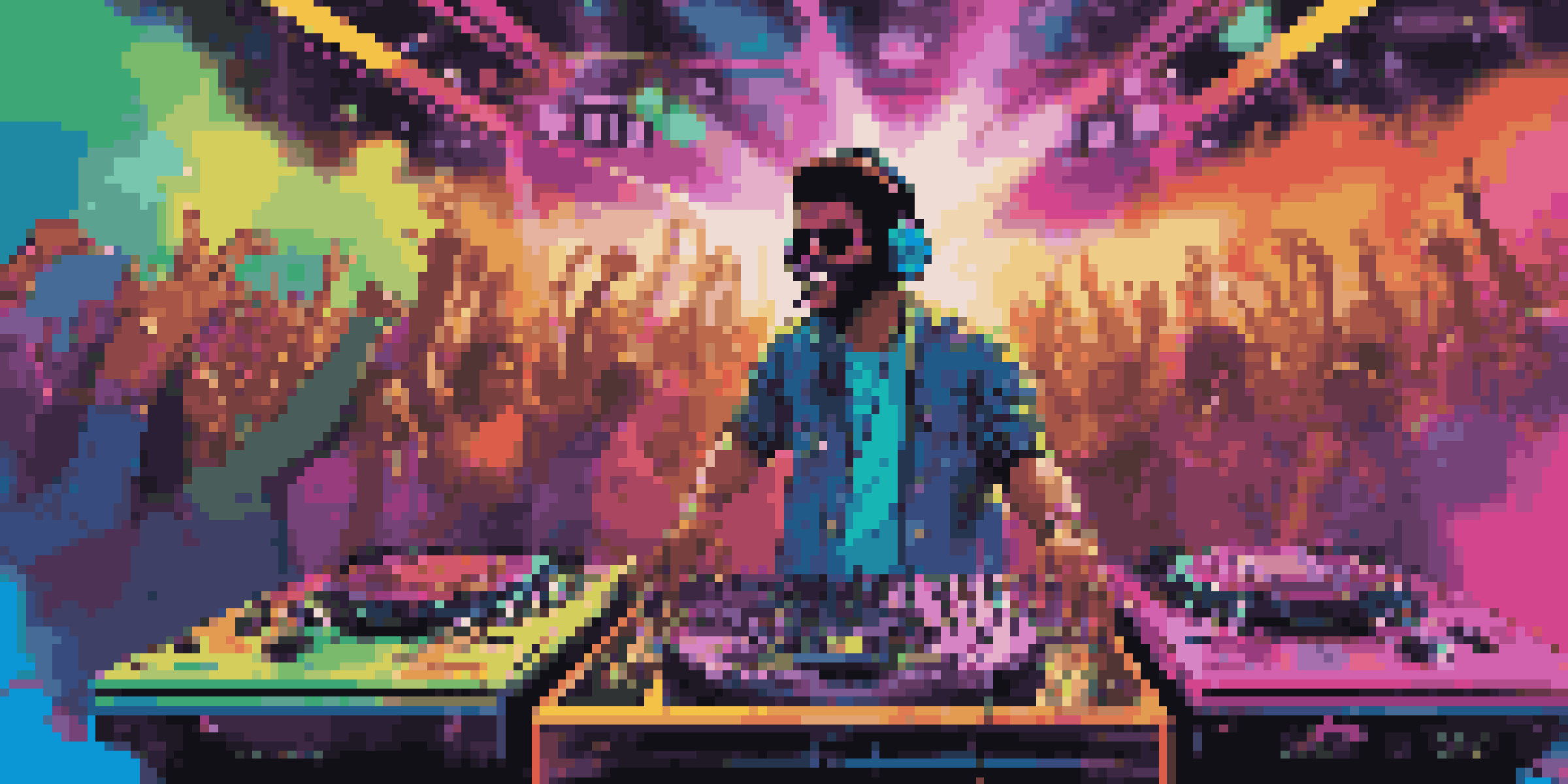 A DJ performing in front of a lively crowd with colorful lights and cultural symbols in the background.