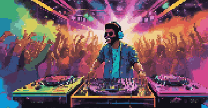A DJ performing in front of a lively crowd with colorful lights and cultural symbols in the background.