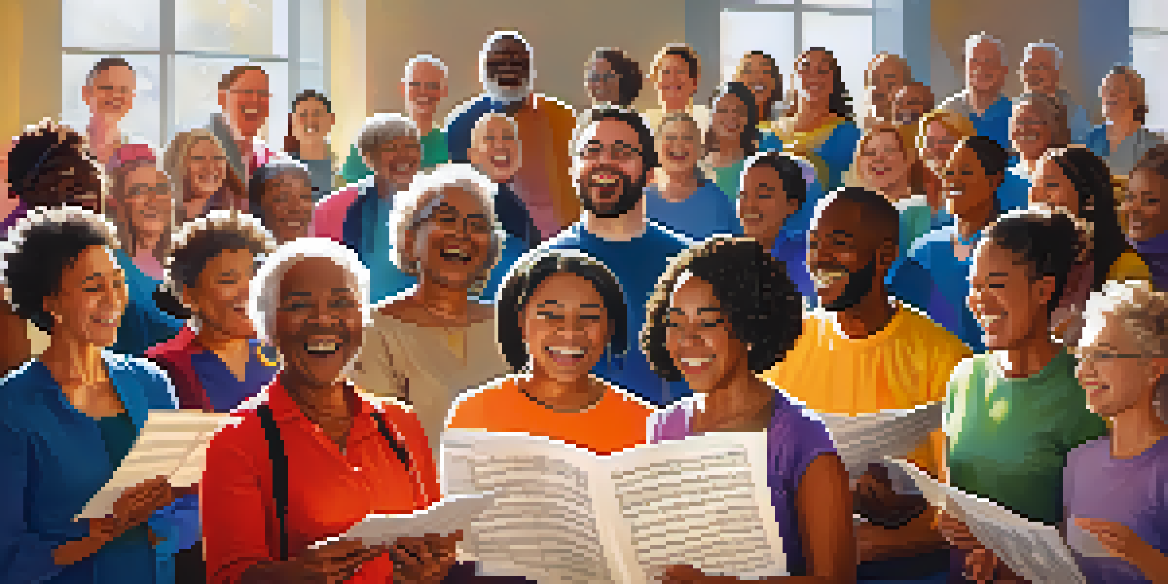 A community choir with diverse members singing joyfully in a sunlit room, showcasing their smiles and colorful outfits.