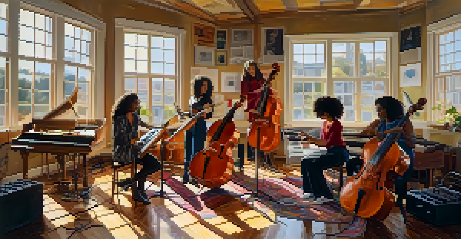 A diverse group of female musicians collaborating in a sunlit studio, discussing their music with instruments around them.