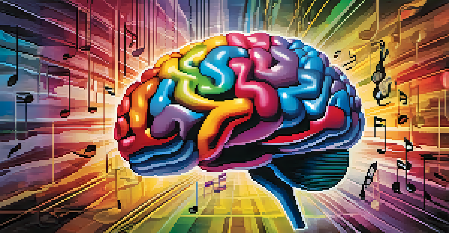 An artistic depiction of a brain with musical symbols and vibrant colors, representing the connection between music and emotions.