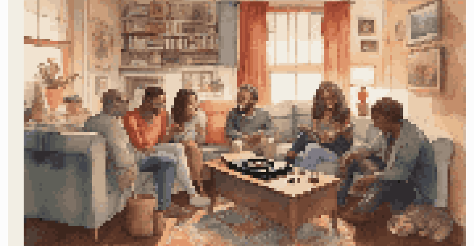 A group of friends enjoying music together in a cozy living room with warm lighting and a record player.