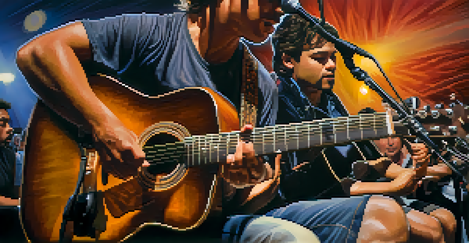 A musician playing guitar at a political event, with an engaged audience in the background.