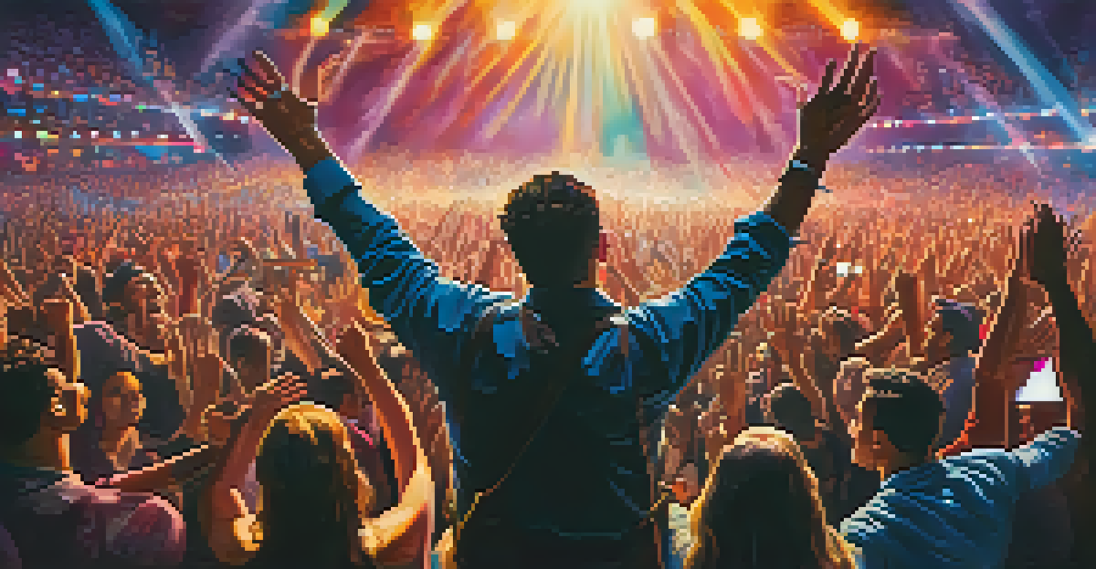 A modern artist performing on stage with vibrant lights in front of an engaged crowd, showcasing passion and excitement.