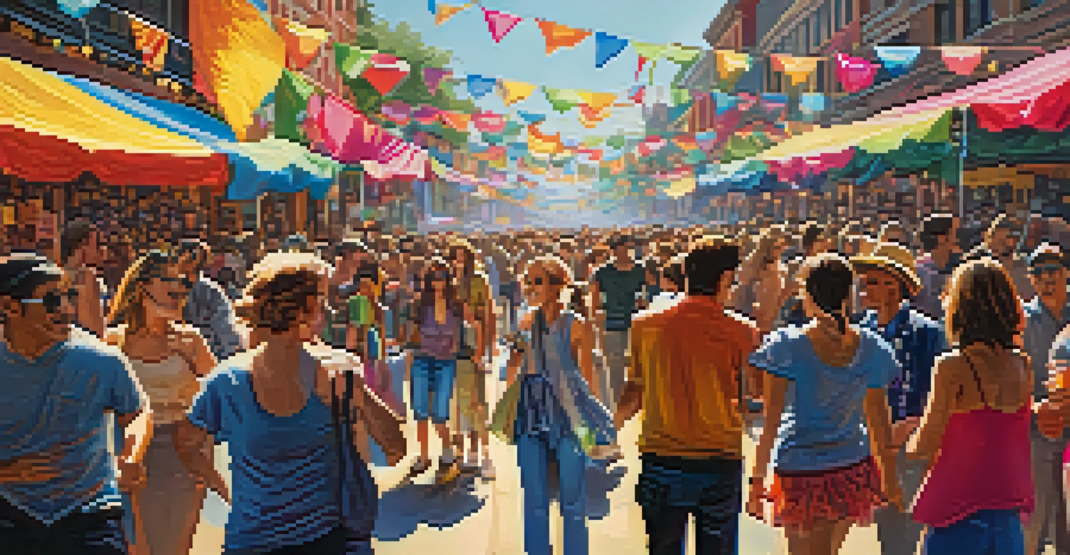 A lively pop music festival with colorful banners and attendees dancing, illuminated by bright stage lights.