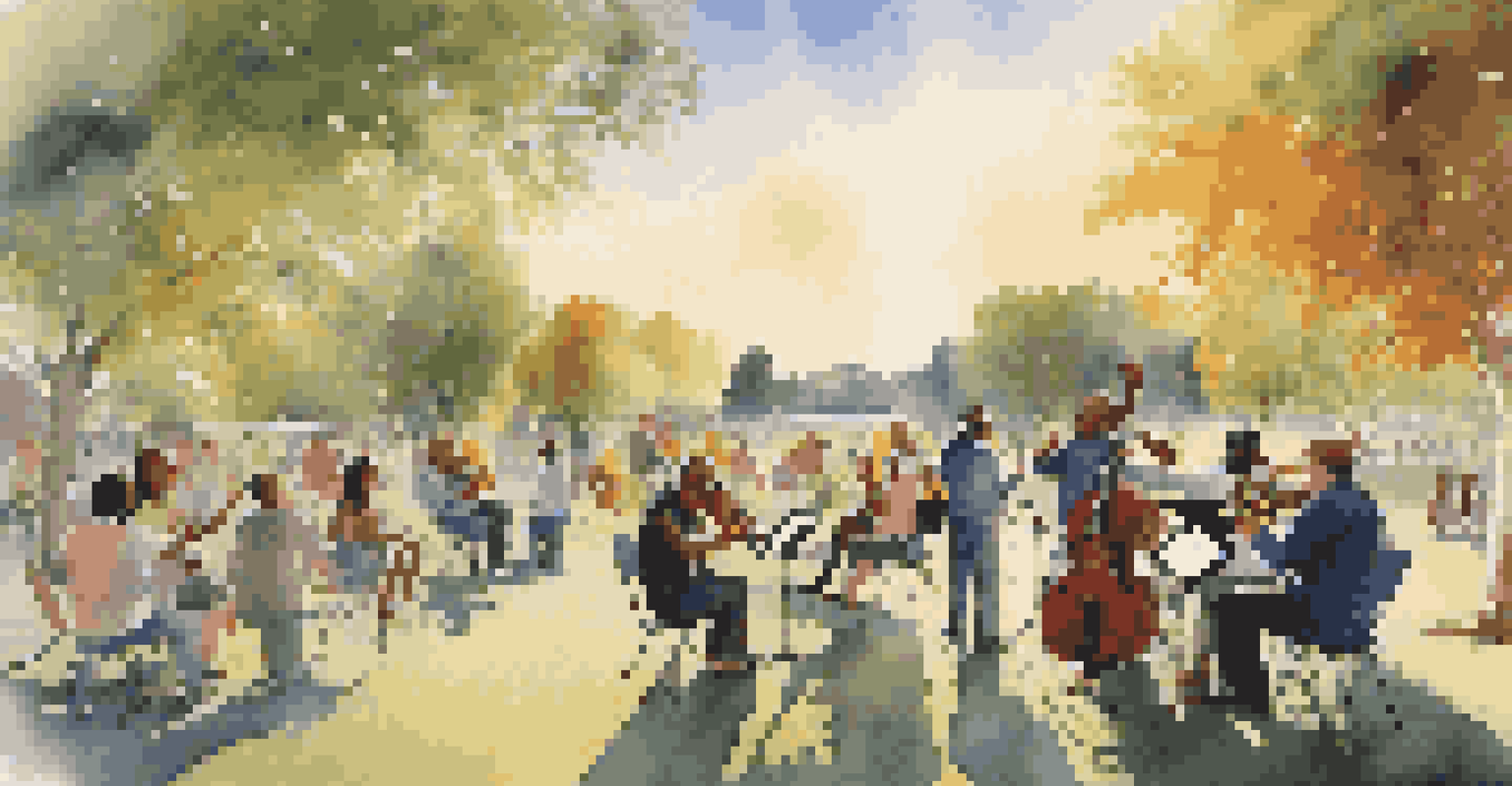 Musicians performing in a park during sunset, with colorful instruments and an audience enjoying the music.