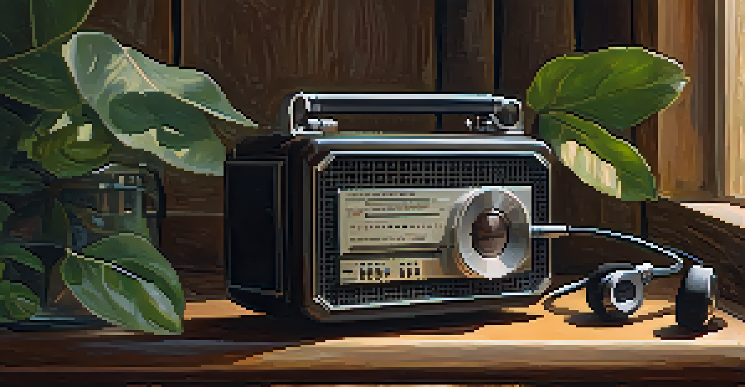 A vintage audio recorder on a wooden table with natural elements around it.
