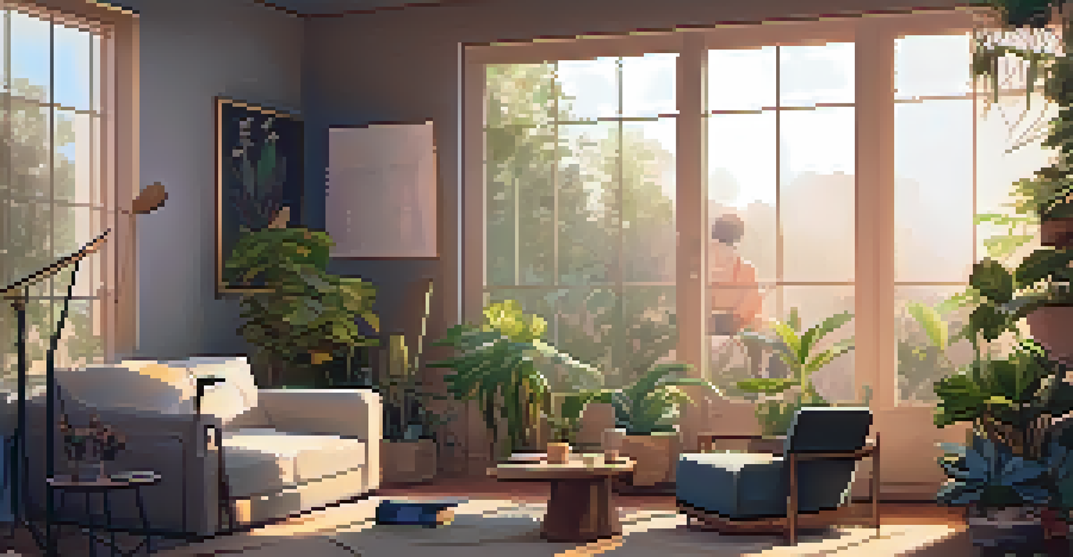 A person sitting in a cozy room, eyes closed and listening to music with headphones, surrounded by plants and soft lighting.