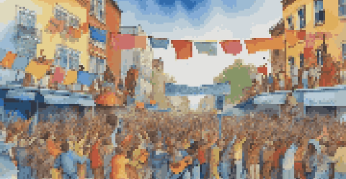 A diverse group of musicians performing a satirical song in a lively street scene with colorful banners and engaged listeners.