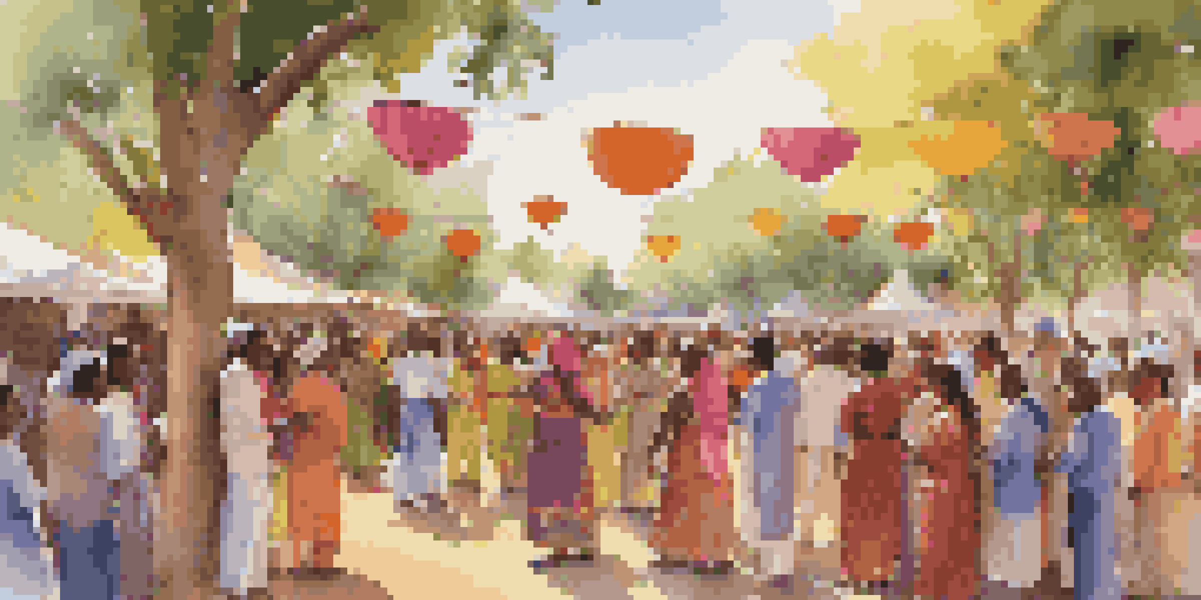 A lively scene of a diverse group of people singing together at a cultural festival, with colorful decorations and warm sunlight filtering through trees.