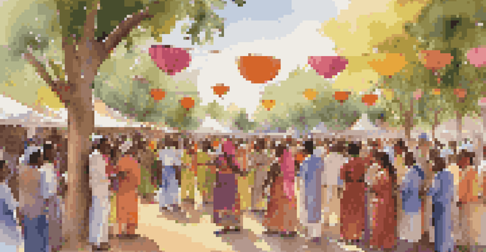 A lively scene of a diverse group of people singing together at a cultural festival, with colorful decorations and warm sunlight filtering through trees.