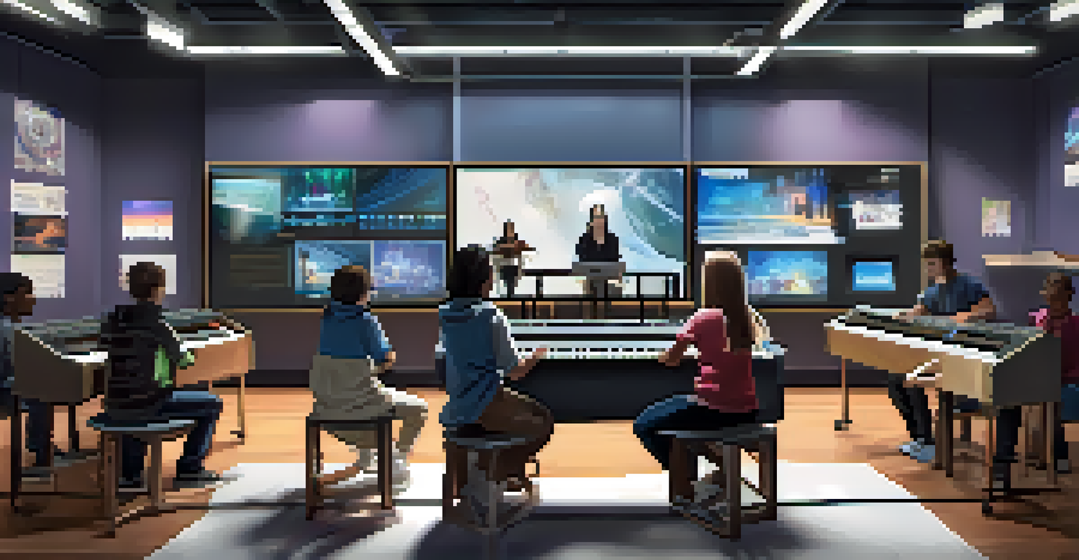 A modern music classroom featuring students using technology to compose and collaborate on music.