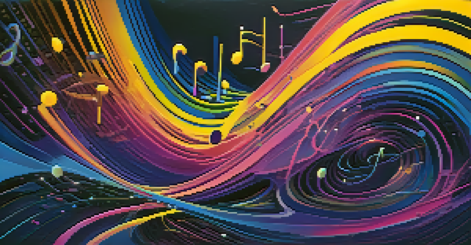 An abstract digital representation of music algorithms with colorful sound waves.