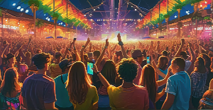 A lively music festival scene with a diverse crowd enjoying live performances under colorful lights in a twilight sky.