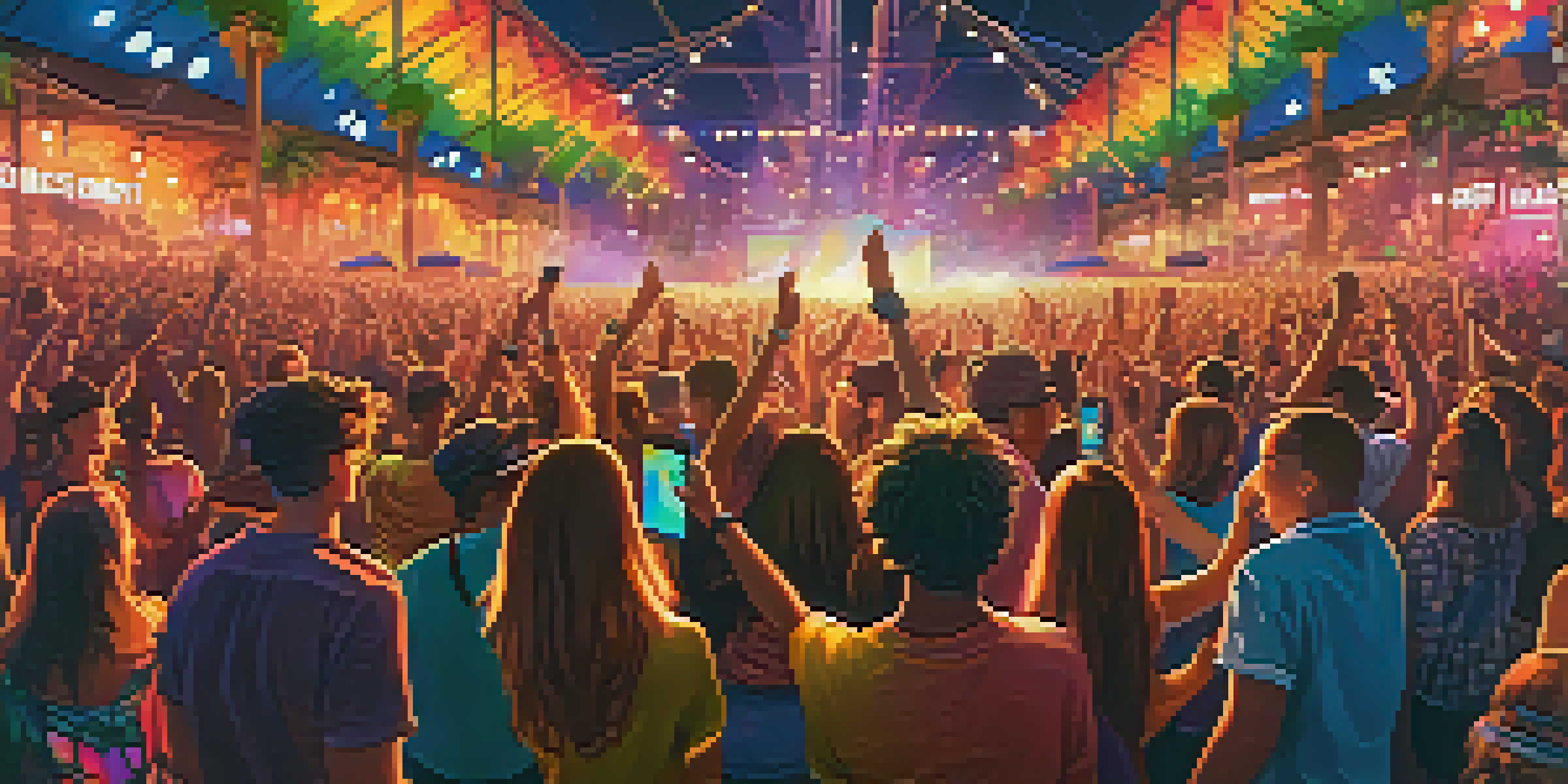 A lively music festival scene with a diverse crowd enjoying live performances under colorful lights in a twilight sky.