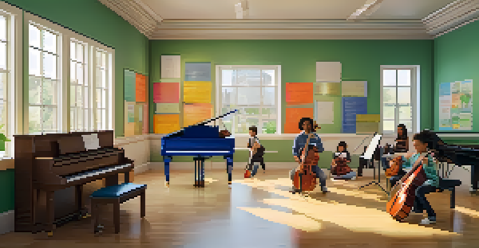 A bright music classroom with students of different backgrounds playing instruments like piano, violin, and drums, surrounded by colorful music decorations and a view of a garden outside.