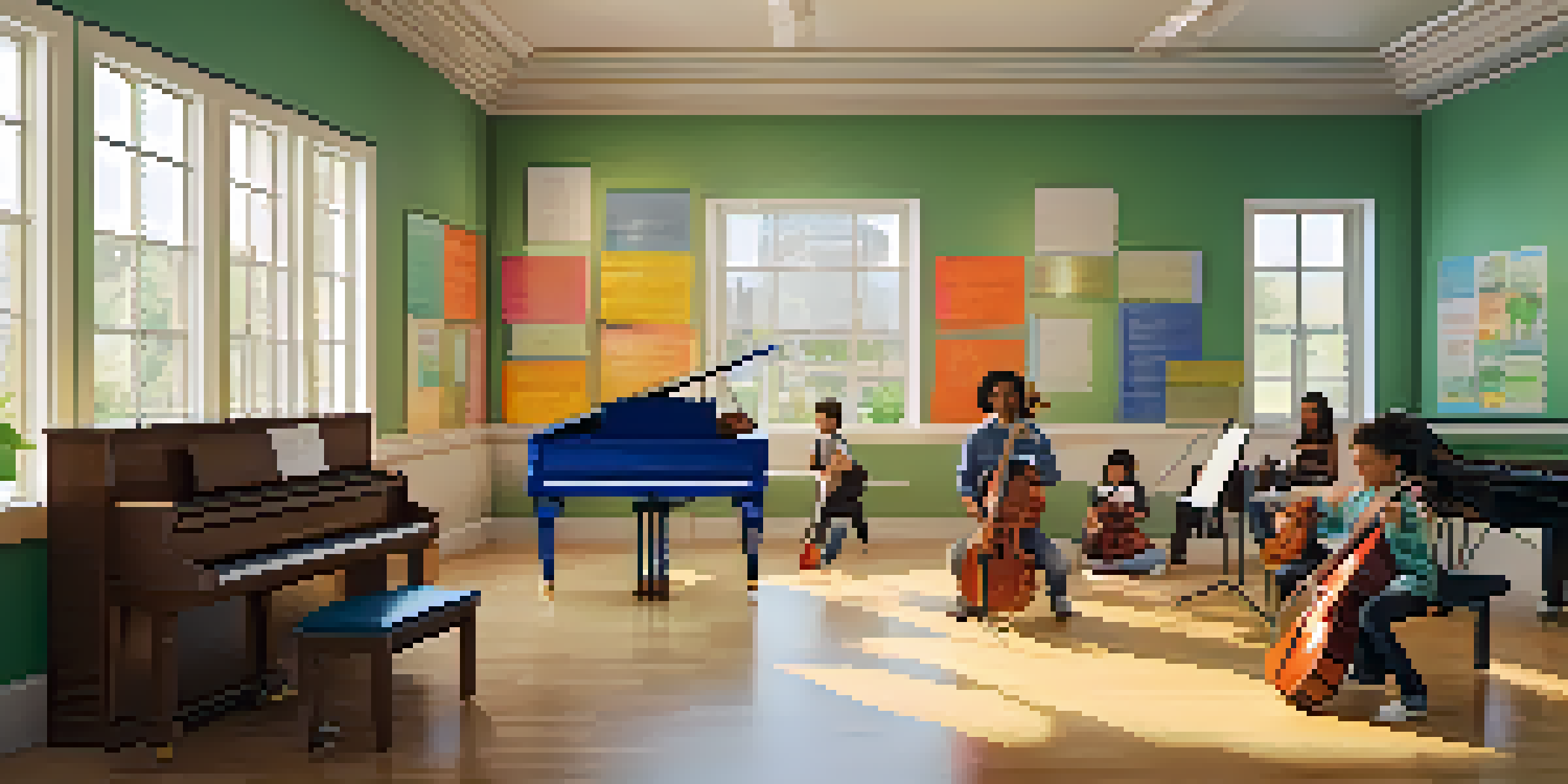 A bright music classroom with students of different backgrounds playing instruments like piano, violin, and drums, surrounded by colorful music decorations and a view of a garden outside.