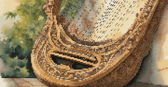 A detailed close-up of an ancient wooden lyre resting on a stone surface, with warm lighting highlighting its features.