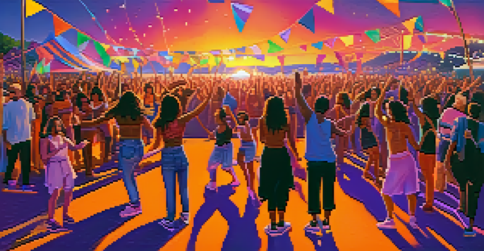 A colorful music festival at sunset with a diverse crowd dancing and enjoying performances on stage under a beautiful sky.