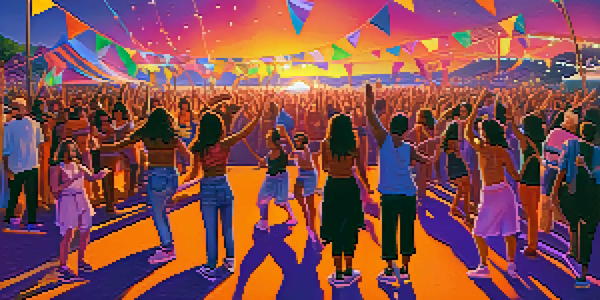 A colorful music festival at sunset with a diverse crowd dancing and enjoying performances on stage under a beautiful sky.