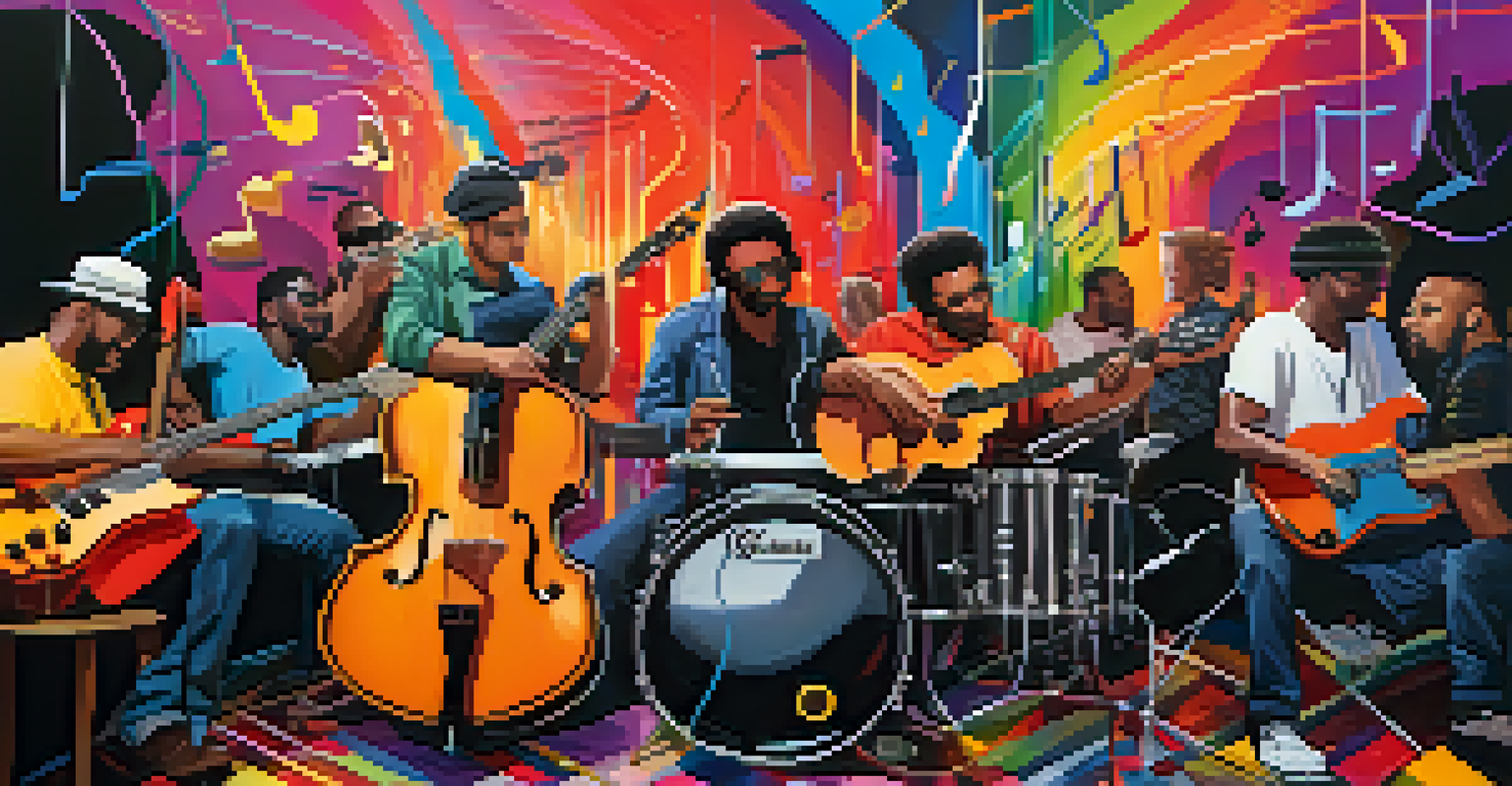 Musicians from different countries collaborating online, illustrated with colorful sound waves and musical notes connecting them.