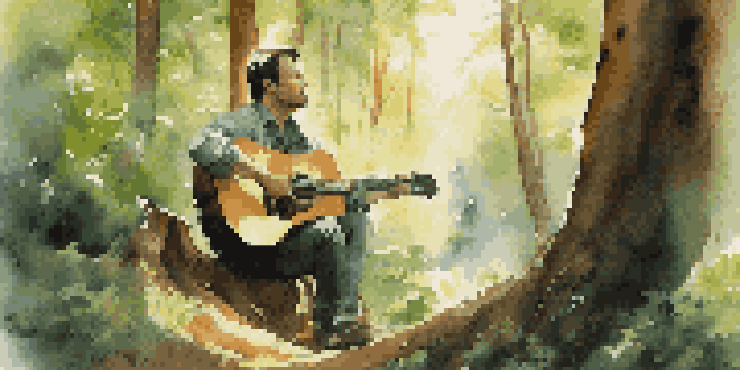 An acoustic guitarist playing in a sunlit forest, surrounded by trees and soft light.