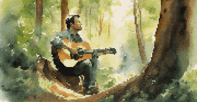 An acoustic guitarist playing in a sunlit forest, surrounded by trees and soft light.